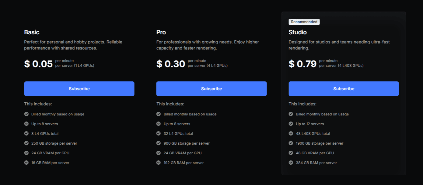 Pricing plans overview screenshot